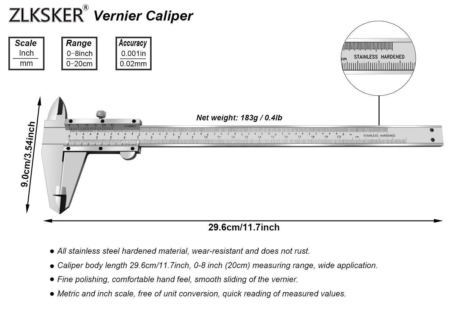 ZLKSKER 8 Inch / 20 cm Micrometer Vernier Caliper, Stainless Steel Precision Measuring Tool (Inch/Metric), Depth/Inside/Outside/Step Measurement, Accuracy 0.001