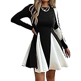 Mieazom Women’s Long Sleeve Fit and Flare Dress, Color Block A-Line Pleated Swing Mini Dress Elegant Crew Neck Casual Dresses Black S