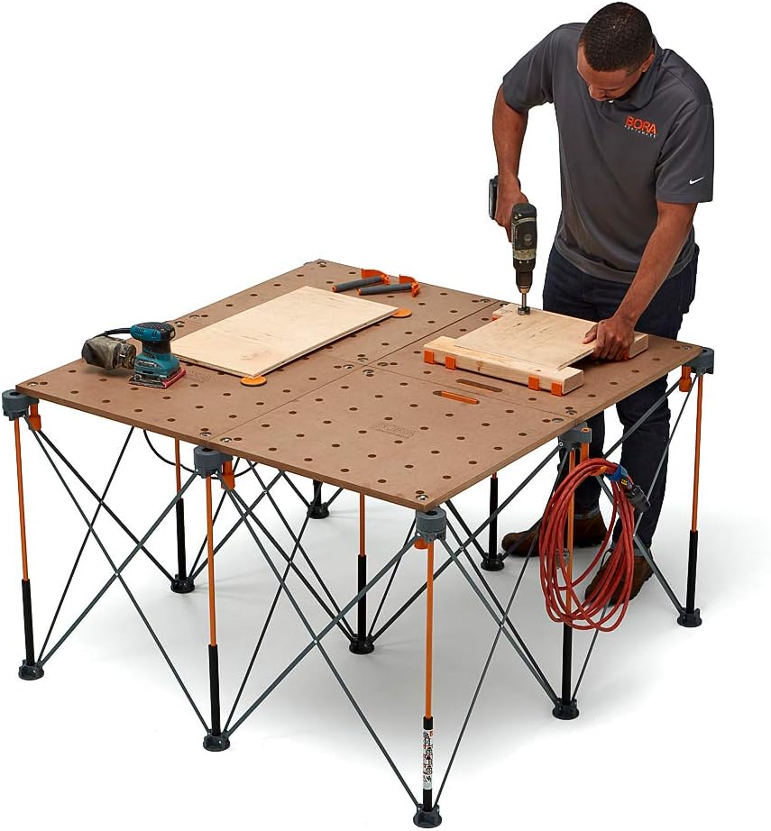 Bora Centipede 4ft x 4ft 9-Strut Work Table, Includes 4 X-Cups, 4 Quick Clamps, Carry Bag, Portable Work Support Sawhorse, CK9S, Black/Orange - Table Saw Accessories - 