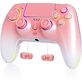 Wireless Controller for PS5 Pro/PlayStation-5/PC/Mac with Hall Effect joystick trigger/Back Paddles/Cool RGB/Motion Sensor/TURBO/3.5mm Audio Jack - Built-in Speakers Support P-S5 Console Audio (Pink White)