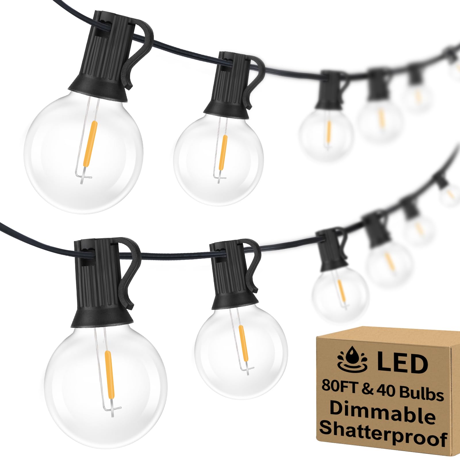 Photo 1 of 80FT Outdoor G40 LED Globe String Lights Dimmable Waterproof Shatterproof Light Strings with 40 Bulbs Connectable Commercial Hanging Lights for Christmas Patio House Backyard Balcony Party