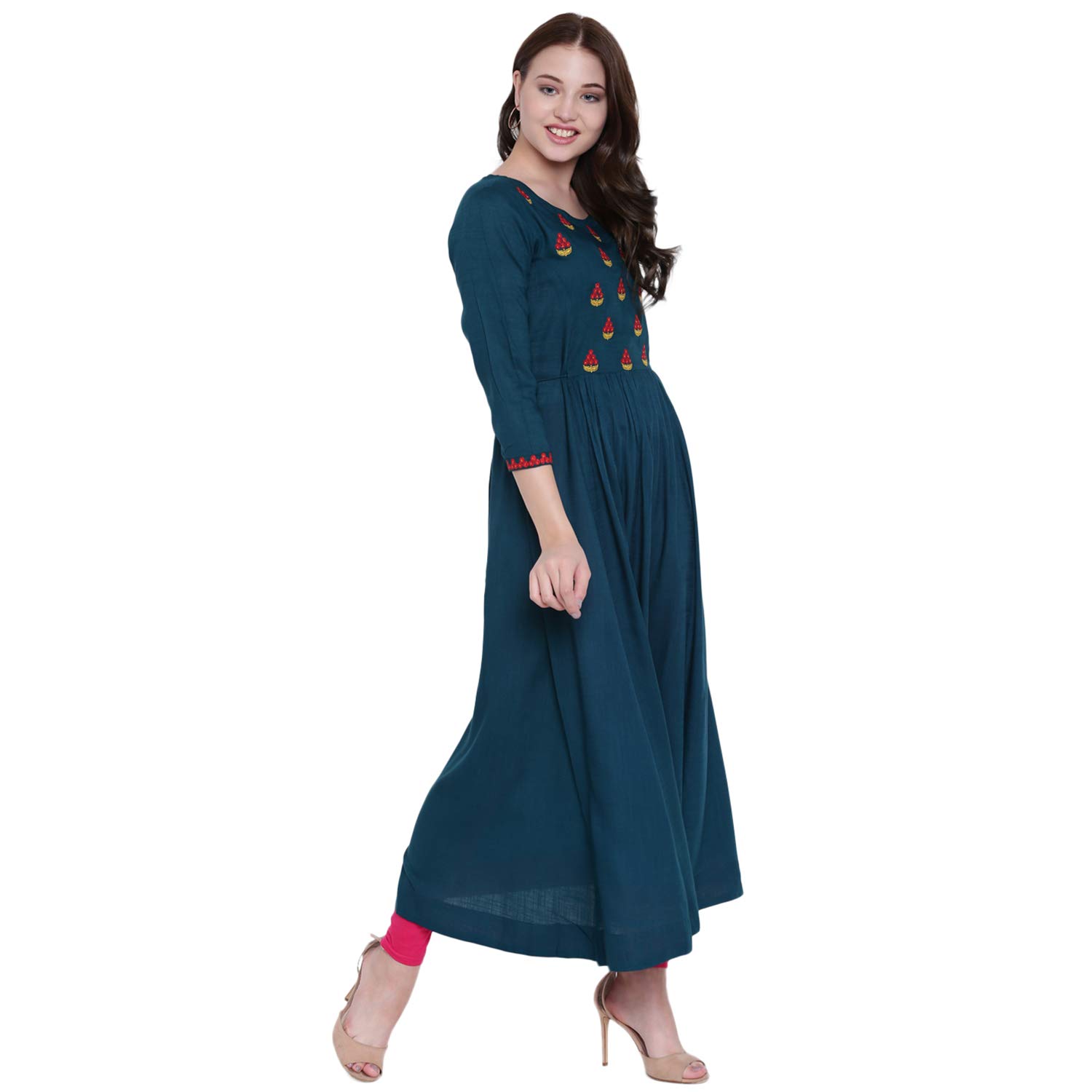 gulmohar jaipur women's rayon slub a-line kurti (petrol green)