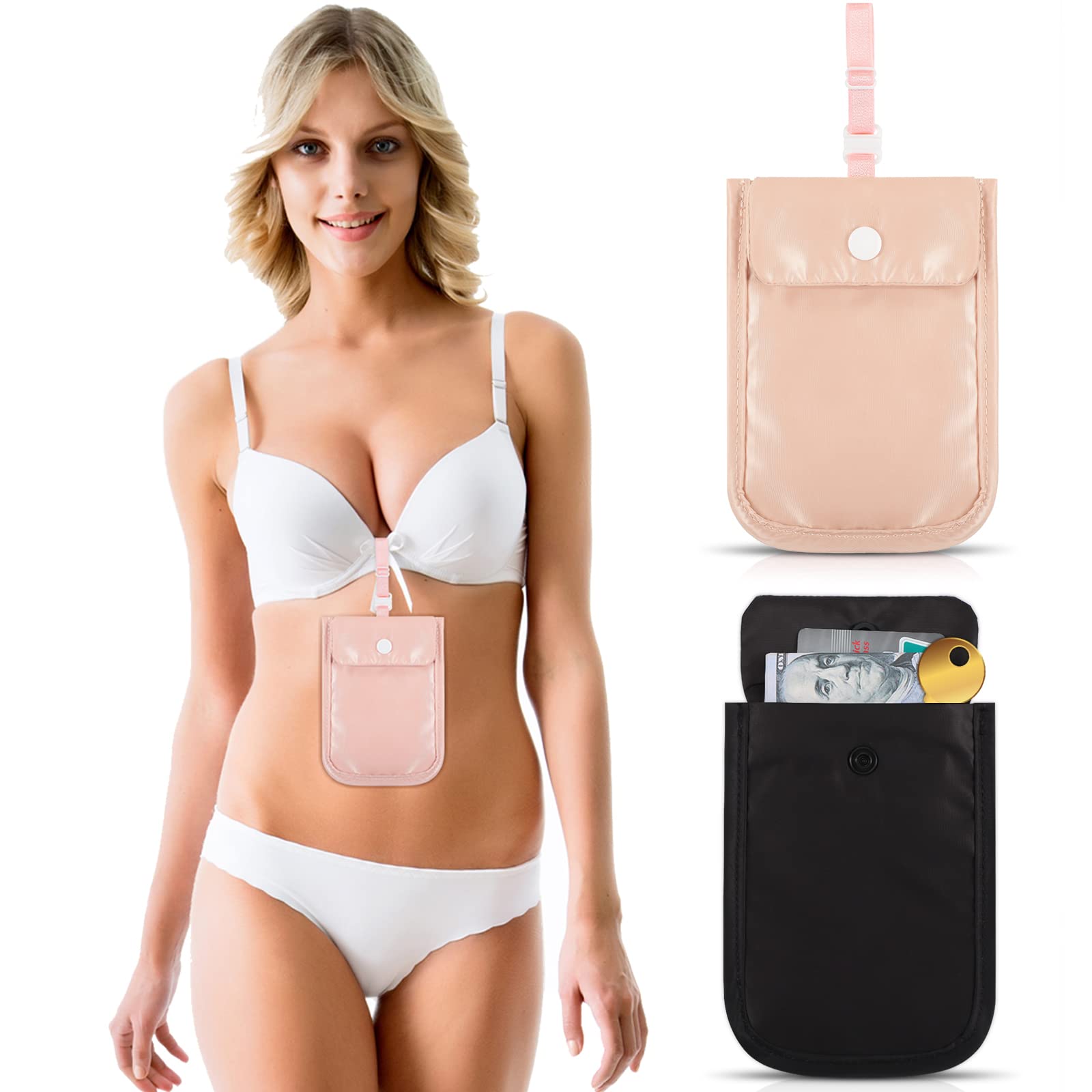 Photo 1 of 2 Pieces Travel Bra Wallet for Women Hidden Bra Wallet Pickpocket Proof Under Clothes Money Belt Pouch Secret for Passport Money Valuables(5.7 x 4.6 Inch,Black, Pink)