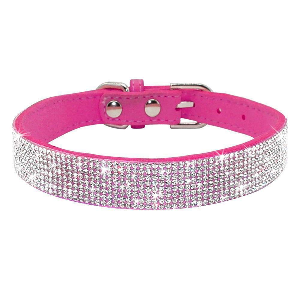 Haoyueer Rhinestone Dog Collar, Cute Dazzling Sparkling Soft Suede Leather Dog Cat Rhinestone Collar Crystal Diamond Pet Dog Puppy Collar (L, Hot Pink)