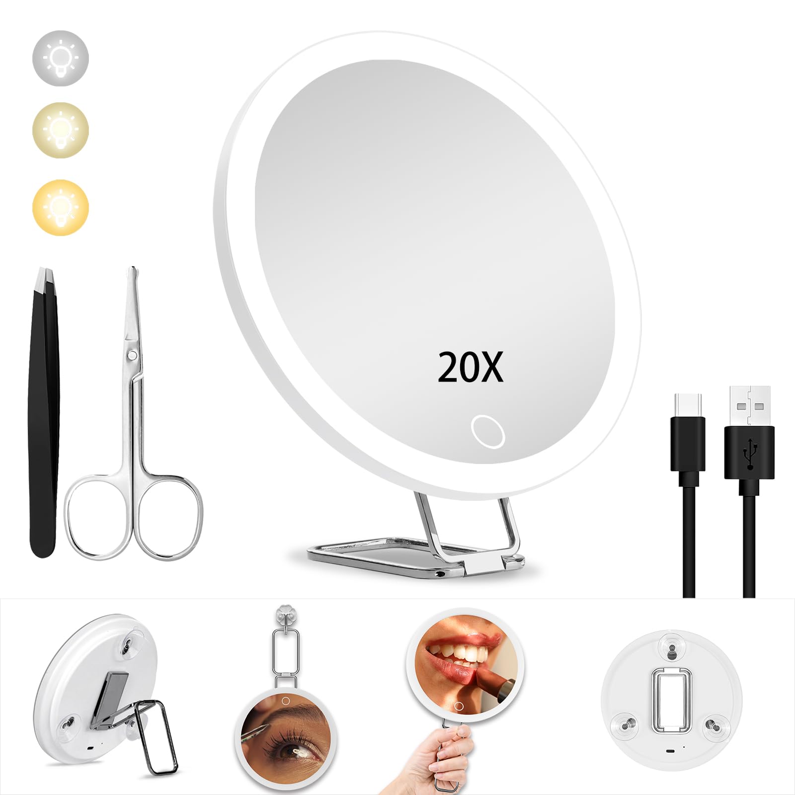 JJhxr 20X Magnifying Mirror with Light,6" Large Makeup Magnifying Mirror,3 colors Dimmable Makeup Mirror with 360° Table Stand,Portable, with 3 Suction Cups