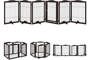 beeNbkks Extra Wide Pet Gate, 6 Panels Freestanding Dog Gate with Walk Through Door and 5 Support Feet, Foldable Pet Barrier Fence for Stairs Doorways Fireplace, Indoor Exercise Playpen for Dogs Cats