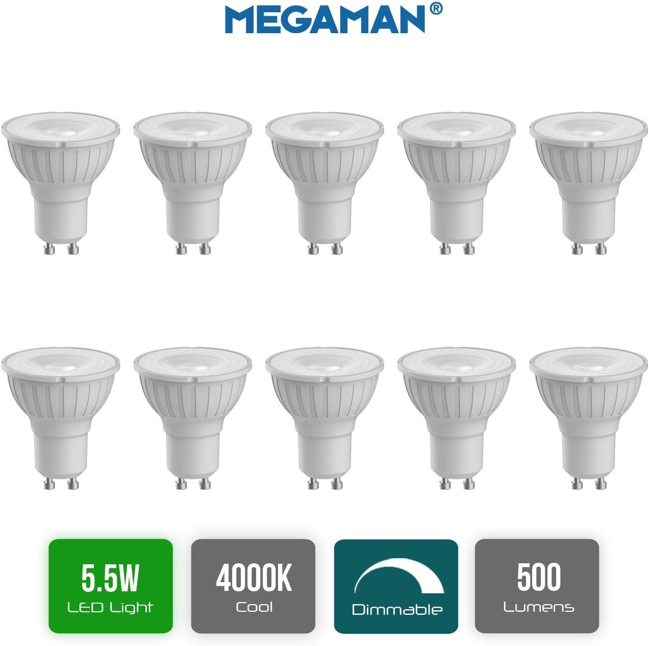 Pack of 10 x MEGAMAN 140506 Dimmable LED GU10 Lamp 5.5 Watt 35 Degree 4000k Cool White 500 Lumens, Warm White, 10 Count (Pack of 1) - Image 3