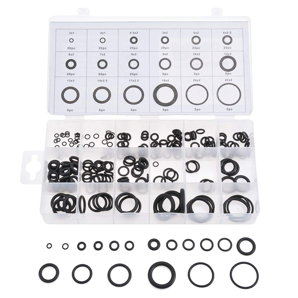 KATUR Universal O-Ring Assortment, 225Pcs Metric Set, 18 Sizes 3-22mm Internal Diameter, Black Rubber O-Rings for Plumbing, Automotive, General Repair