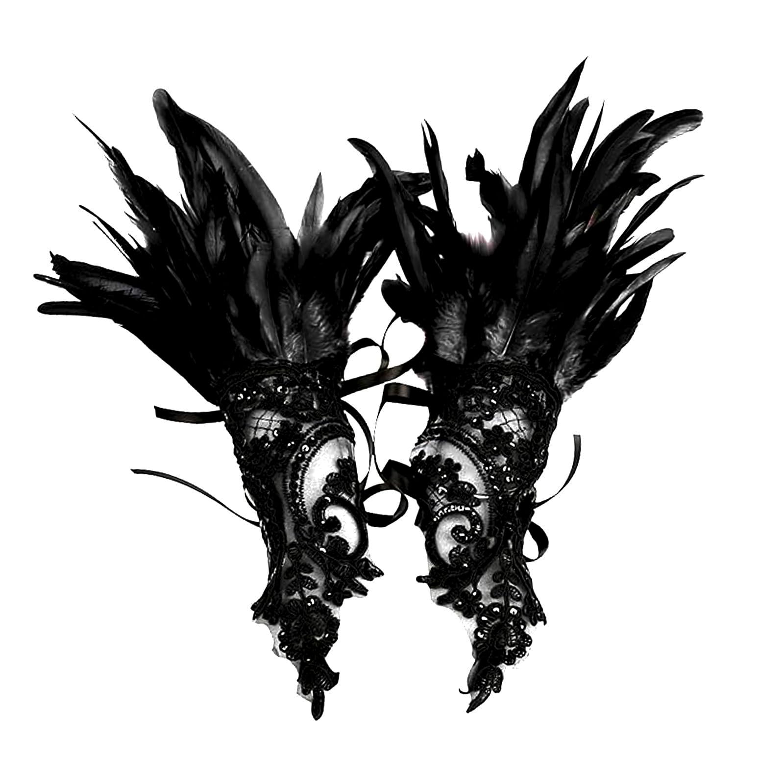 Lufdegim Women's Lace Feather Fingerless Gloves, Mesh Feather Long Gloves for Carnival, Halloween, Wedding Costume Accessories, black, 36 — image 1