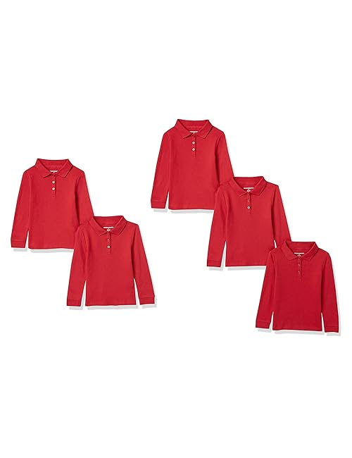 Amazon Essentials Toddler Girls' Long-Sleeve Interlock Polo Shirts, Pack of 5, Red, 3T