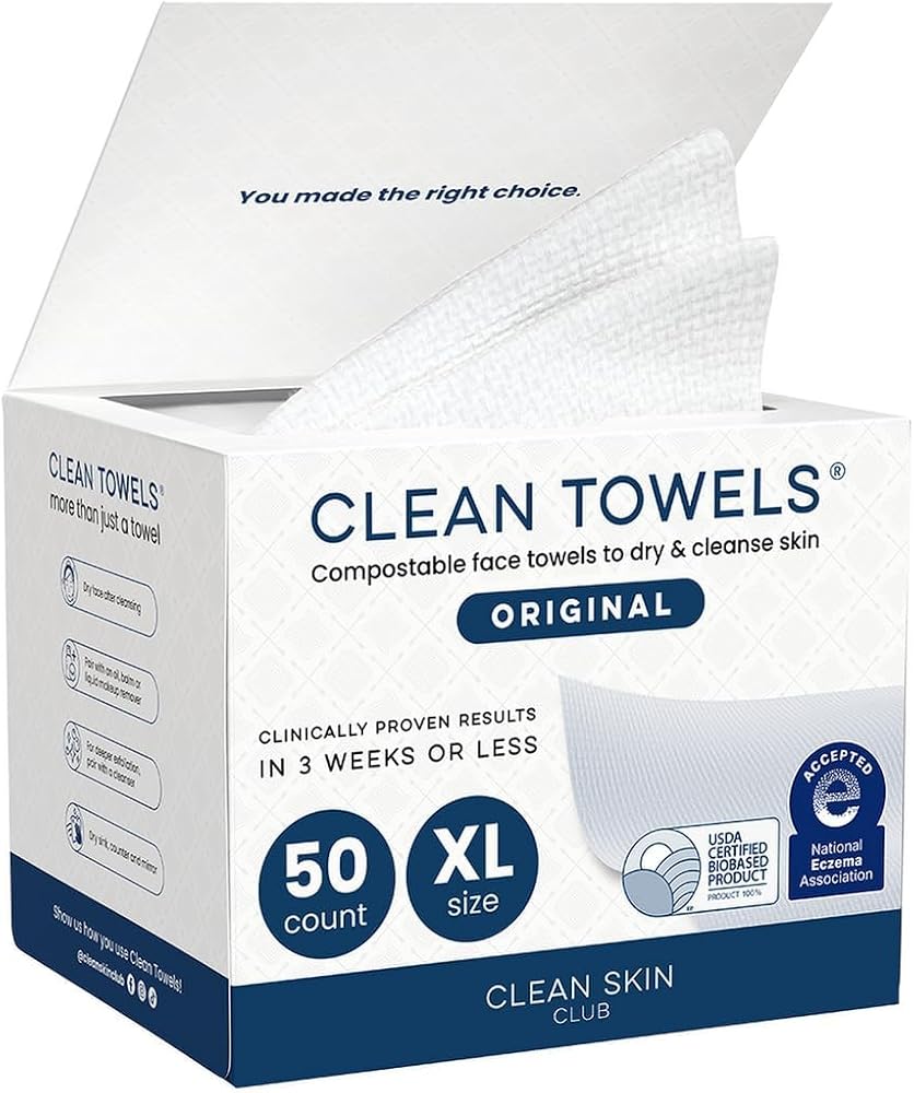 Clean Skin Club Clean Towels XL®, 100% USDA Biobased Face Towel, Disposable Face Towelette, Eczema Association Accepted, Make