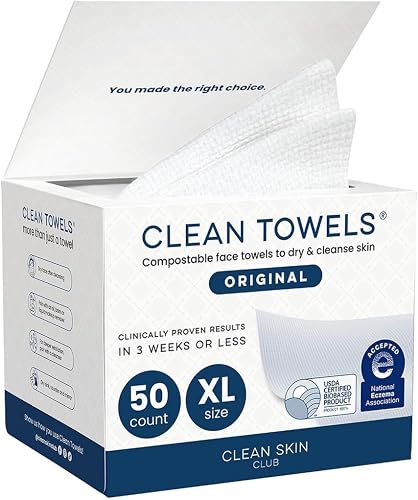 Clean Skin Club Clean Towels XL®, 100% USDA Biobased Face Towel, Disposable Face Towelette, Eczema Association Accepted, Makeup Remover Dry Wipes, Ultra Soft, 1 Pack, 50 Ct