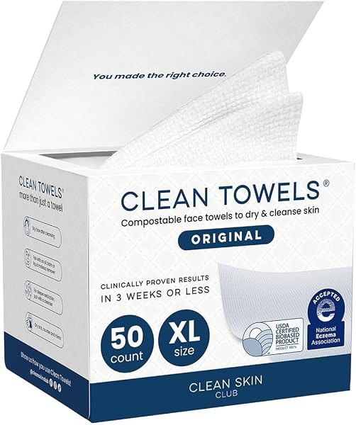 Clean Skin Club Clean Towels XL®, 100% USDA Biobased Face Towel, Disposable Face Towelette, Eczema Association Accepted, Make