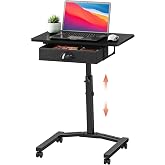 Rolling Adjustable Height Computer Desk With Drawers, Small Mobile Laptop Desk Cart On Wheels For Small Spaces Home Office, Portable Sitting Laptop Table For Bed Couch Load Up To 60LBS, Sturdy, Black
