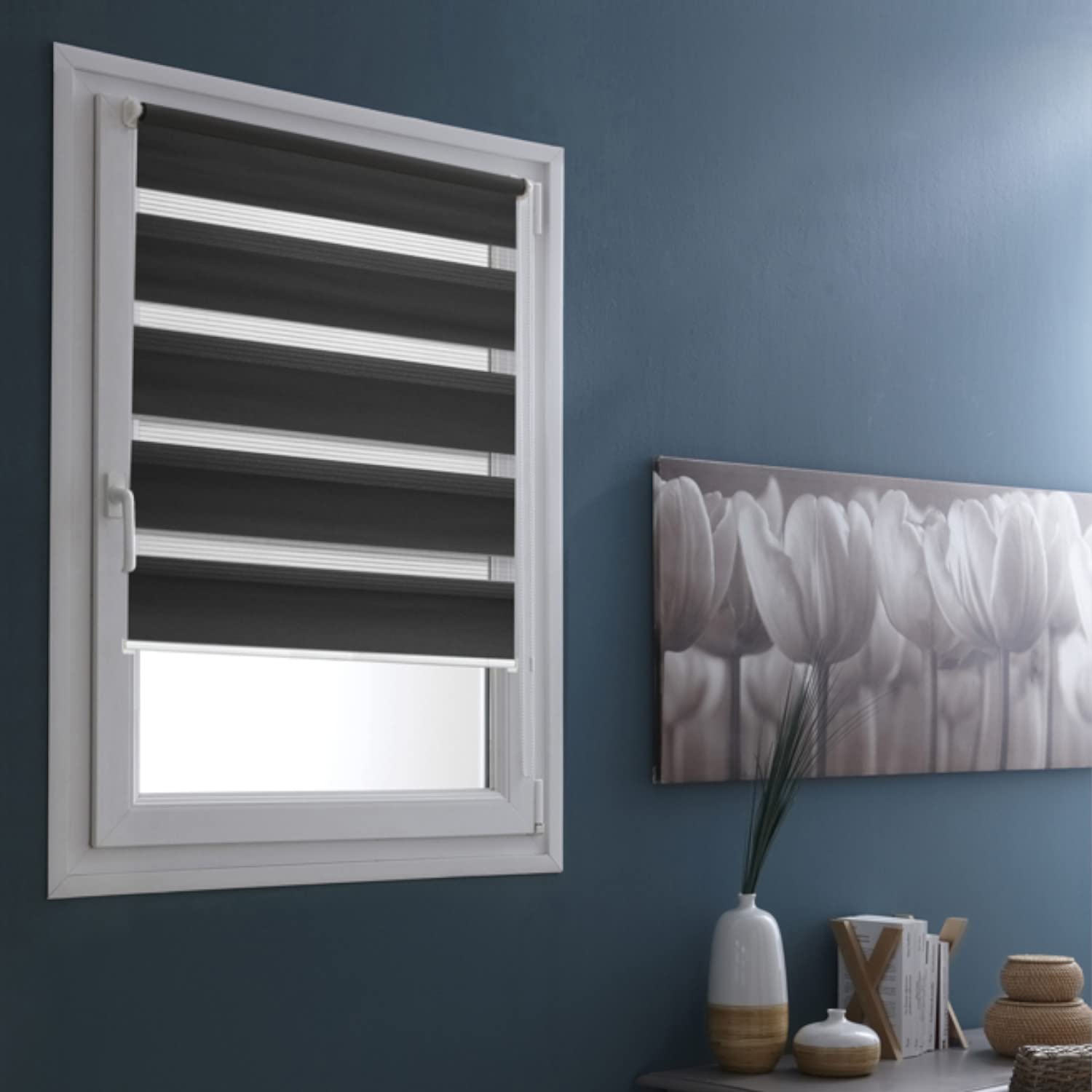 MADECOSTORE DD7908045100 Day and Night Double Roller Blind 45 x 100 cm - Drill Fit with or without Drilling Matching Chain Grey