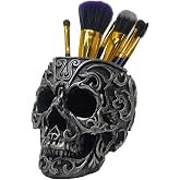 CUZOKOLA Gothic Skull Decor Makeup Brush Holder Vanity Decor with Strong Resin,Pen Holder for Home Office Desk Decorative&Succulent Flowerpot (Silver)