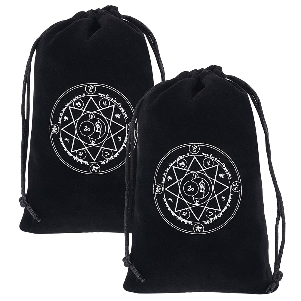 CREATCABIN 2Pcs Black Tarot Storage Bag Velvet Drawstring Packing Pouches Round Star Gift Bag Protective Card for Witch Tarot Dice Card Jewelry Crystal Fortune Telling Card Pouch 7.1x4.7Inch