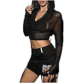 GORGLITTER Women's Sheer Mesh Hooded Tops See Through Long Sleeve Going Out Crop Top with Triangle Cami