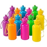 Fun Express Kids Water Bottles Bulk 12 Pack - BPA Free Plastic 18 oz Leak Proof Squeeze Bottles with Pop Top Lids & Straps | Perfect for School, Sports Teams, Birthday Parties & Fundraising Events