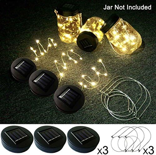 Solar Mason Jar Lights,[Waterproof Designed] 10 Leds Warm White String Lights Build-in Mason Jar Lid,Stainless Steel Wire Handles Included, Jar Not Included,Set of 3