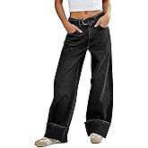Tankaneo Womens Wide Leg Cuffed Jeans Trendy High Waisted Baggy Denim Pants | with Belt, High Rise, Loose Fit Straight Leg, Boyfriend Style, 2026 Fall , Casual Wear, Relaxed Fit Trouser Jeans