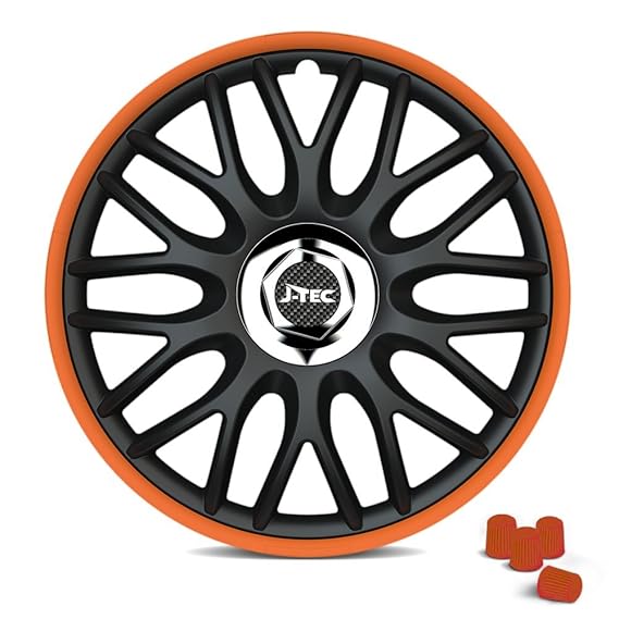 CM DESIGN Radkappen 14 Zoll Orden R (Schwarz/Orange) passend für Fast alle Fahrzeuge inkl. 4 Ventilkappen.