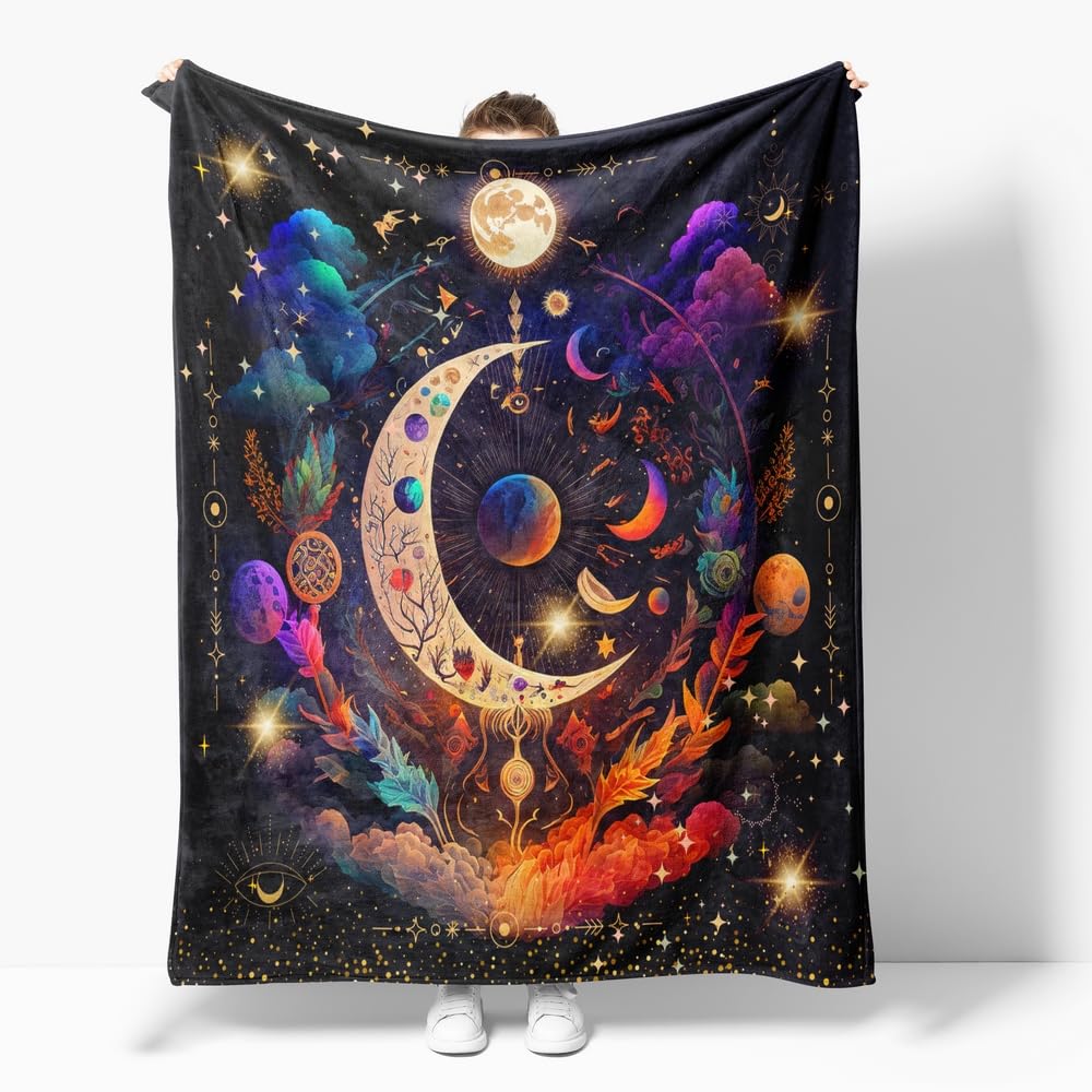 Photo 1 of Reateforin Hippie Throw Blanket Sun Moon Stars Boho Throw Blankets Celestial Blankets Double-Sided Polyesters Home Decor Bedding Chair Couch Recliner Cover Hippie Room Decor Black Purple 30"X40"