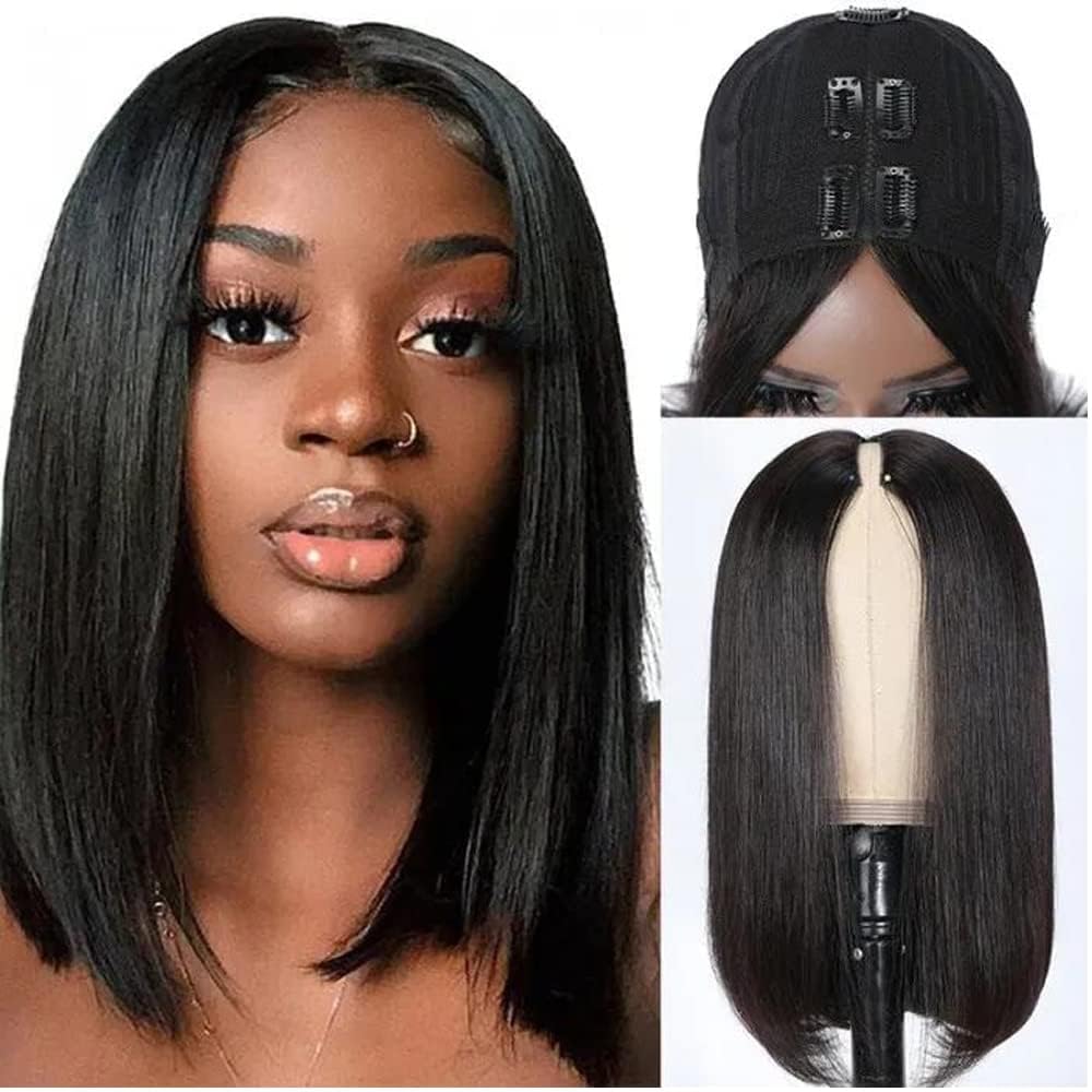 Straight V Part Wig Human Hair Short Bob Wig for Women - 150% Density, 14Inch