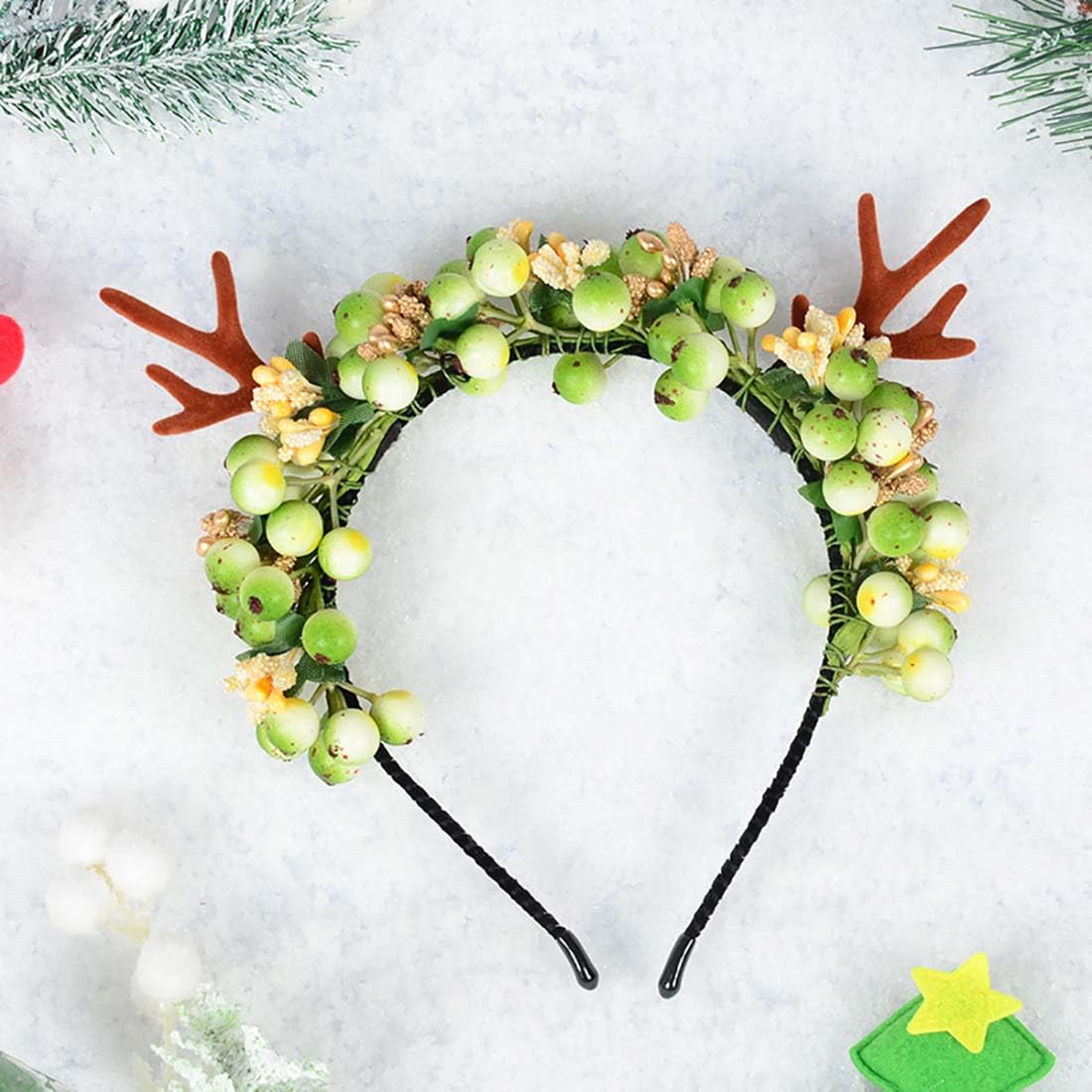 Prosy Christmas Antlers Headband Elk Deer Berry Hairband Elk Deer Animal Horns Hair Hoop Accessories for Party Christmas Gifts (Green)