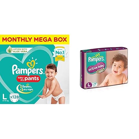 Pampers New Diapers Pants Monthly Box Pack, Large (Pack of 128) & Pampers Active Baby Diapers, Large (78 Count)
