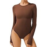 AFITNE Women’s Crew Neck Long Sleeve Bodysuit Basic Trendy Tummy Control Double Lined Thong Body Suit Tops Shirts