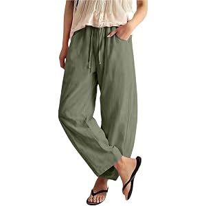 HYYGOCCTV Women Drawstring Waist Linen Barrel Cropped Pants Lightweight Baggy Wide Leg Tapered Trousers with Pockets
