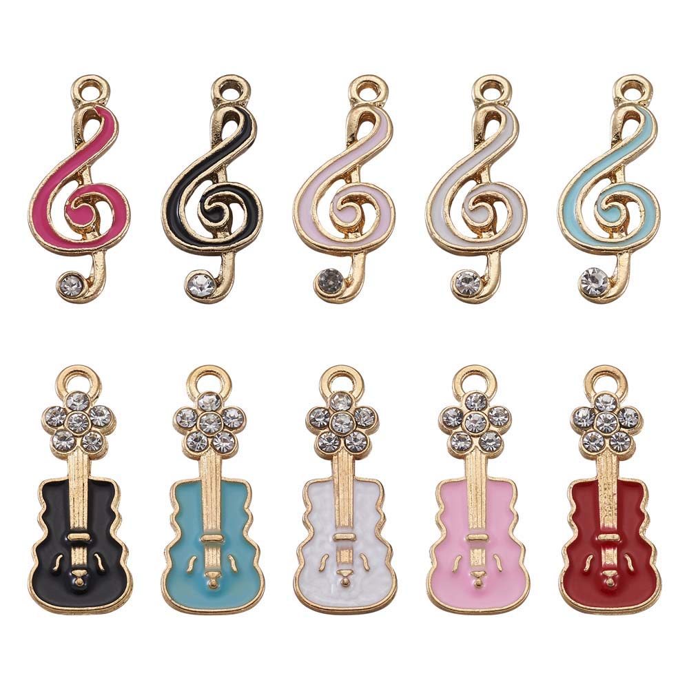 Cheriswelry 20pcs Alloy Enamel Musical Theme Pendants Note Guitar Charms Dangle Beads with Rhinestone for Jewellery Crafts Making Hole: 1.5mm