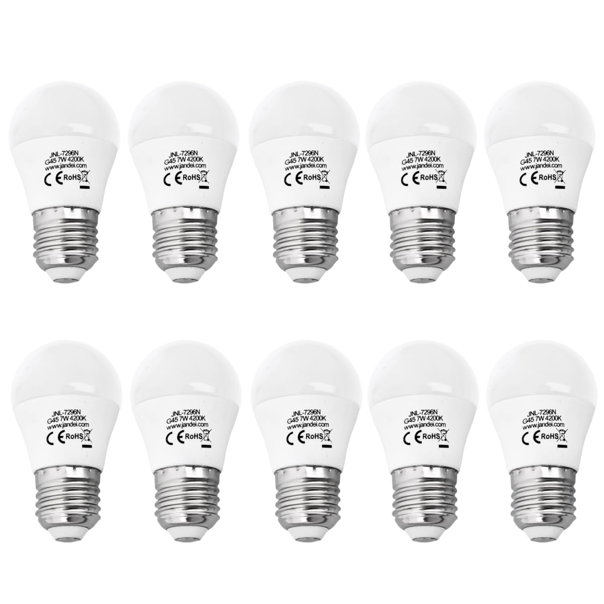 JANDEI - Pack of 10 LED Bulbs G45 E27 Base 7W for Ceiling Lamps, Lighting Systems, Decorative Wall Lights, Bedside Lamps. Energy Saving. (4200K)