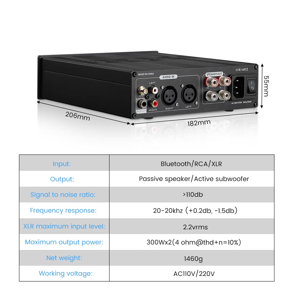 AIYIMA A300 NE5532*4+QCC3034+TPA3255 Bluetooth5.0 300w*2 Power Amplifier Support aptx-hd 2.0/2.1 Channel Amp with Active Subwoofer Output for Passive Speaker Home Audio