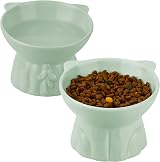MeetoZ Ceramic Elevated Cat Bowls, 2 Wide Raised Food & Water Dishes (Green)