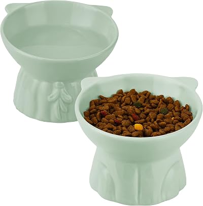 MeetoZ Ceramic Elevated Cat Bowls, 2 Wide Raised Food & Water Dishes (Green)