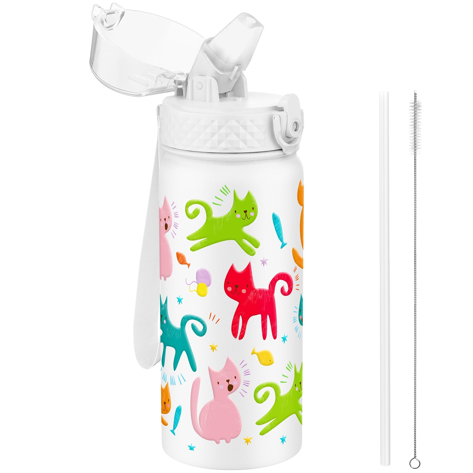 GOPPUS 550ml/18oz Kids Insulated Water Bottle with Straw Cute Double Wall Stainless Steel Child's Small Flask Vacuum Insulated Steel Metal Leak Proof Drink Flask Boys Toddler Girls Bottles BPA-Free