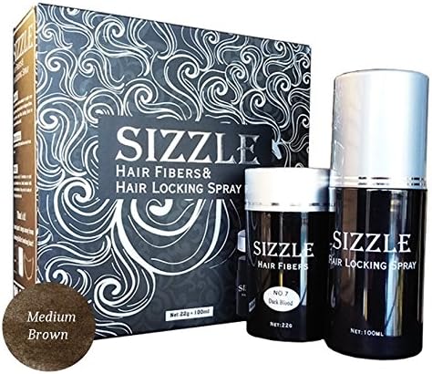 Sizzle Hair Thickening Fibers + Locking Spray Set, 100% Human Hair for Men / Women, Premium, hair loss treatment for natural look, conceals bald spots, fresh fragrance, Big Size (Medium Brown)