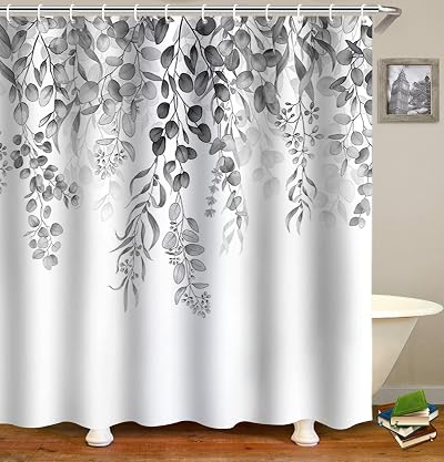 WELTRXE Grey Eucalyptus Shower Curtain 183x183 cm with 12 Hooks Polyester