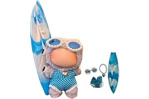 Stylish Summer Beach Clothes Set Suitable for 17cm/15cm Labubu – Fashion Outfit(Doll Not Included) (Blue Swimsuit+Surfboard+N