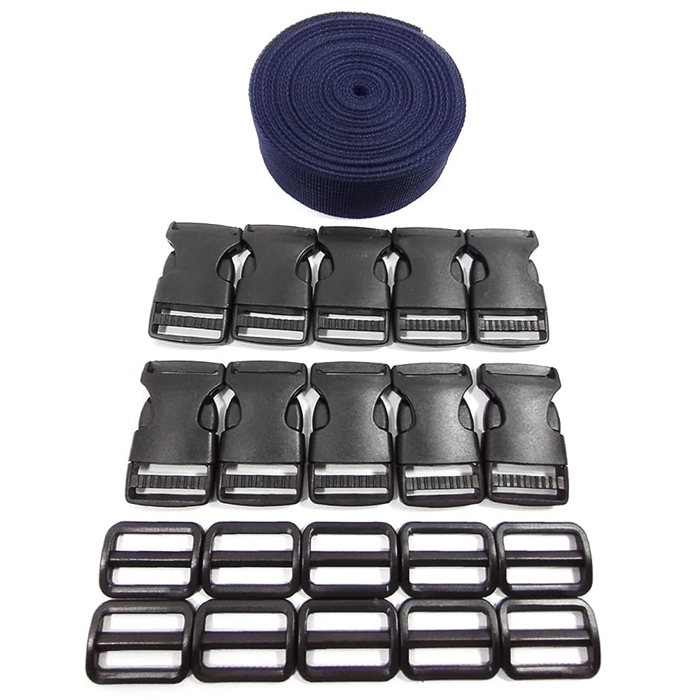 Backpack Strap (5 Meter x 25mm) + 20 Plastic Buckles, Backpack Ribbon for Sewing, Tie Cases Strap, Suitcase Luggage Holding Straps, Blue Strap, (25 MMX 5 m, 330)