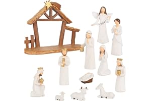 ISTATUE 12 Set Nativity Scene Resin Figurines – Handcrafted Christmas Crèche with Holy Family, Mar Joseph Angel Wise Men Animals Stable – Religious Holiday Xmas Decoration for Home Church Mantel (Beige)