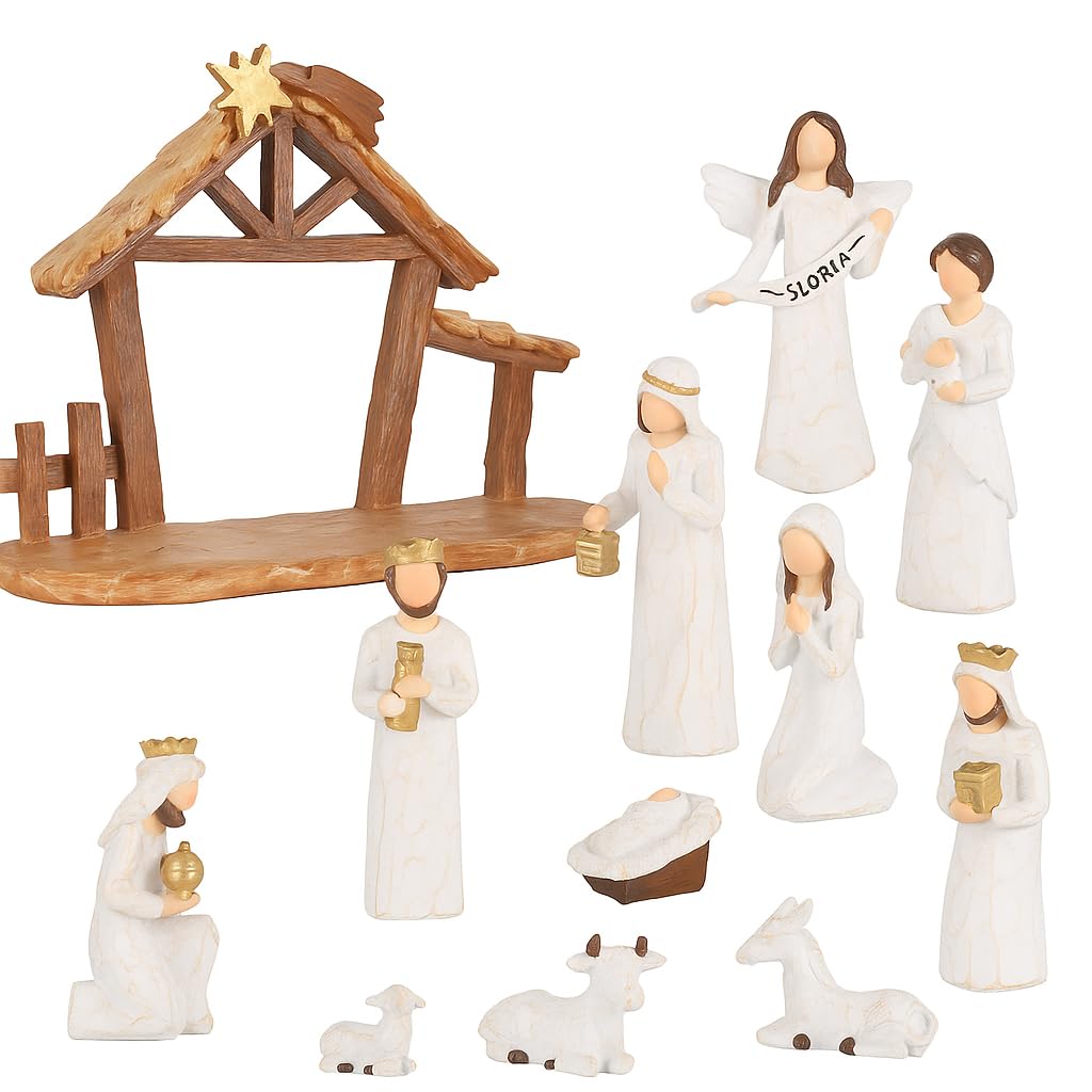 Photo 1 of 12 Set Nativity Scene Resin Figurines – Handcrafted Christmas Crèche with Holy Family, Mar Joseph Angel Wise Men Animals Stable – Religious Holiday Xmas Decoration for Home Church Mantel (Beige)