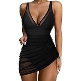 SUUKSESS Women Mesh One Piece Swim Dress Swimsuit Tummy Control Bathing Suit