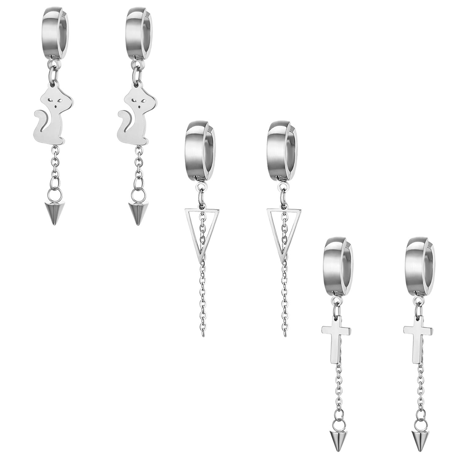 Cupimatch 3 Pairs Cat Triangle Cross Cone Tassle Dangle Earrings Set, Silver Stainless Steel Clip On Hoop Huggie Hinged Earrings for Women Men