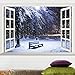 DNVEN Snow Winter Bench False Faux Window Frame Window Mural 3D Full Color High Definition Vinyl Bedroom Living Room Playroom Wall Decals Stickers 24 inches x 16 inches