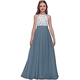 Inpown Chiffon Lace Applique Junior Bridesmaid Flower Girl Dress for Wedding A-Line Halter Long Party Prom Gowns