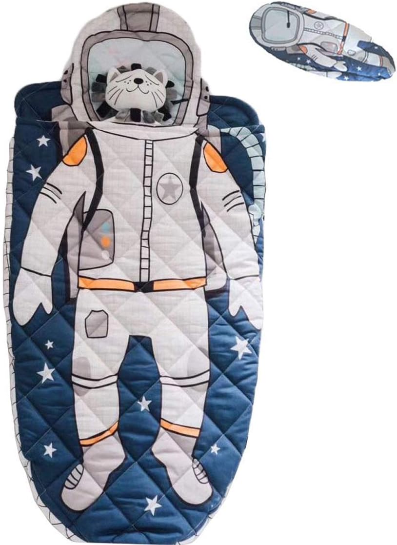YAYIDAY Kids Sleeping Bag for Children with Pillow - Kick-Proof Slumber Bag Toddler Nursery - 100% Cotton Quilted Blue Nap Mat Blanket Soft Warm Boy Spaceman Astronaut Print