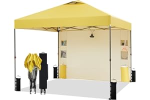Tunbne 10'x10' Pop Up Canopy Tent with Sidewall and 6 Pockets, Patented One Push, 1 Person Easy up, Instant Shade Canopy with Vented Roof for Patio Outdoor, Case, 8 Stakes, 4 Ropes, 4 Sandbags(Yellow)